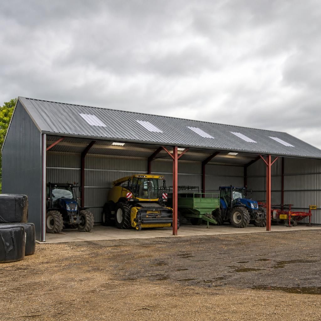 Uninsulated steel roof panels on an agricultural machinery store