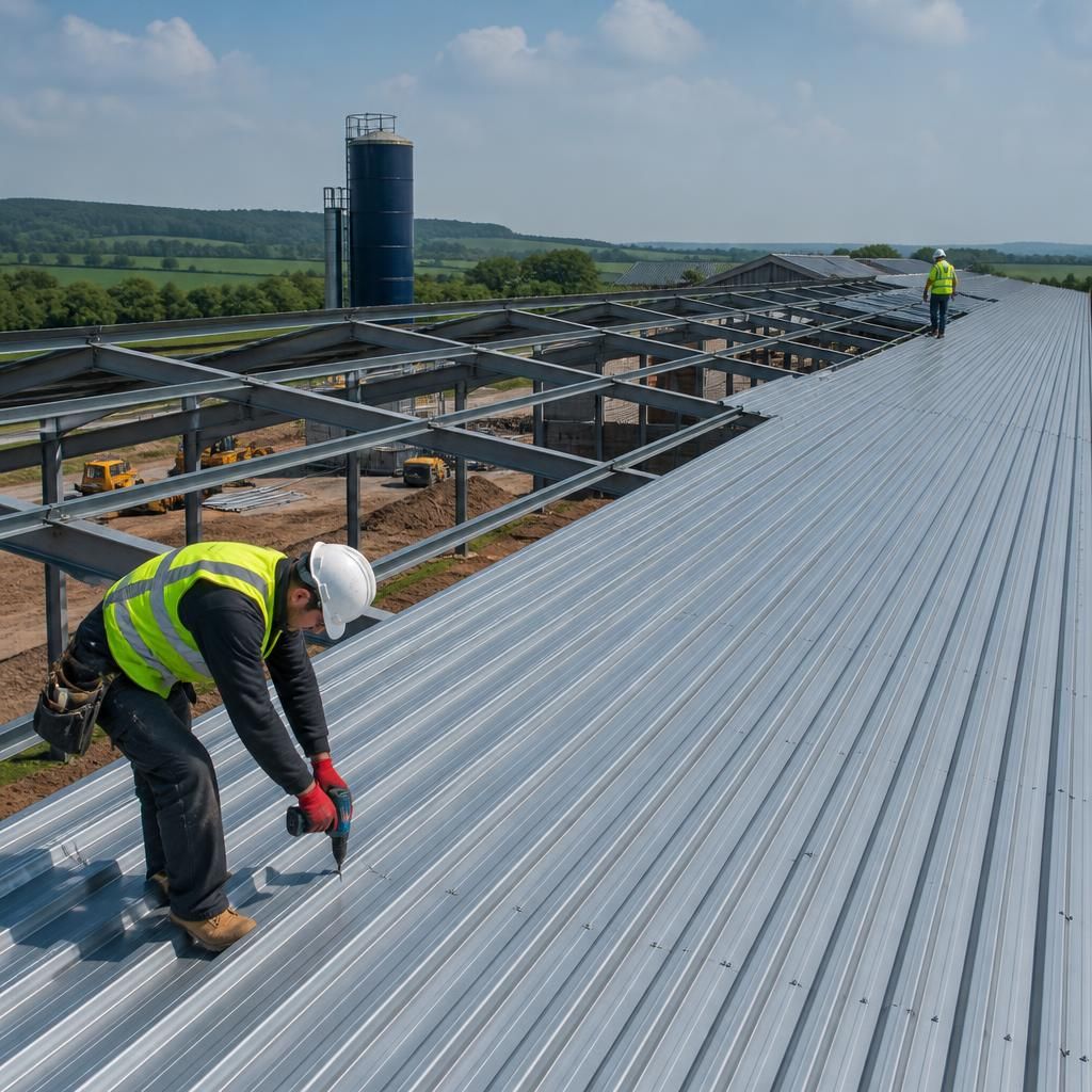 Steel roof panels fitted across a large agricultural steel frame