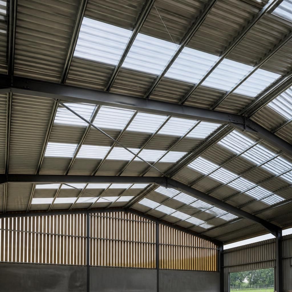 Agricultural building roof with translucent rooflight panels between profiled steel sheets