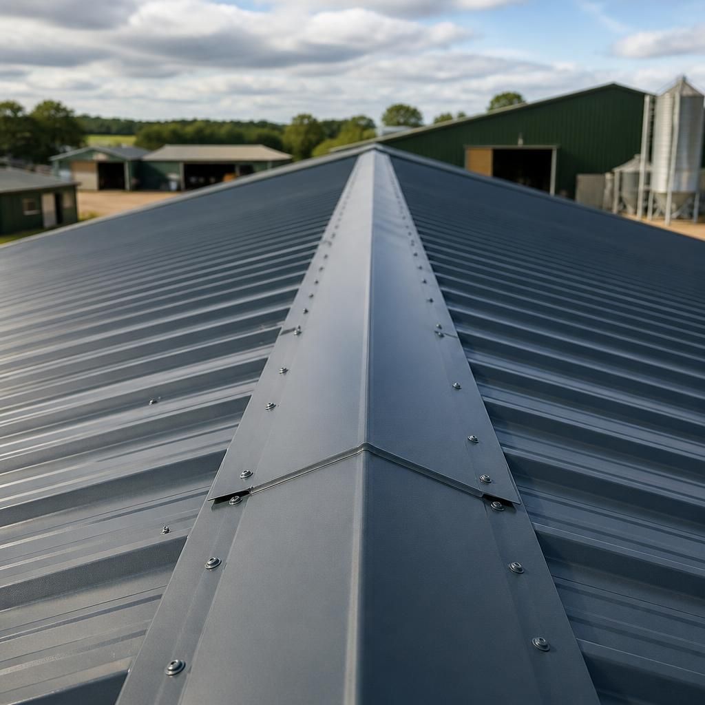 Coated steel roof panels meeting at a ridge with flashing, seals and fixings