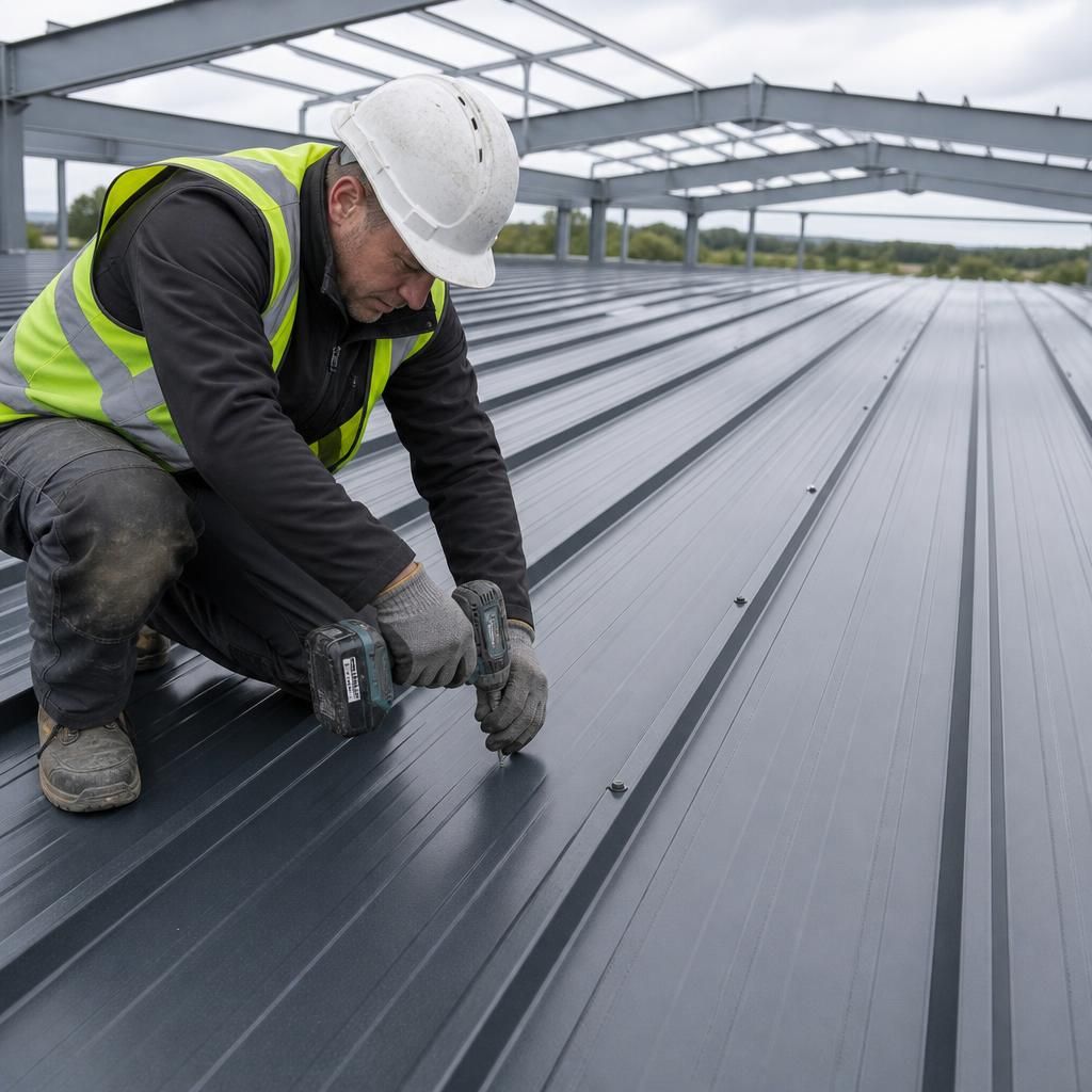 Metal roof panel fasteners, washers and sealed side-lap detail