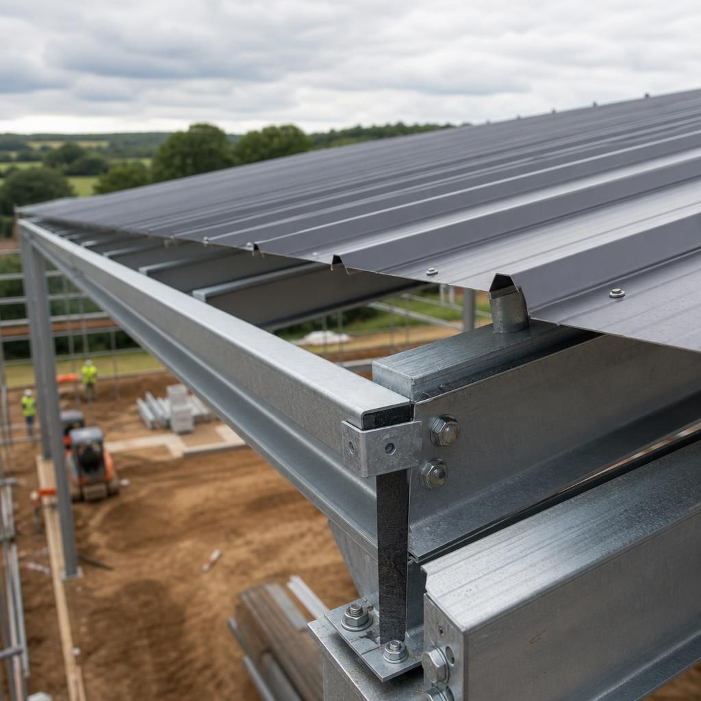 Metal roof panels fixed to steel purlins beneath a roof edge