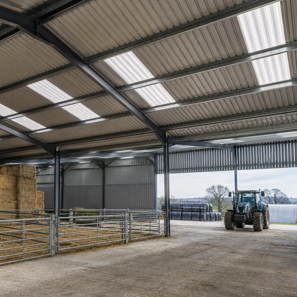 Insulated composite roof panels fitted to the steel frame of an agricultural building