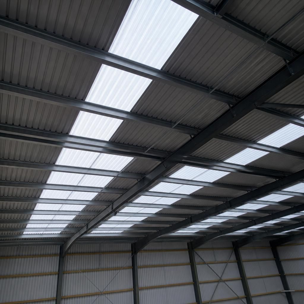 Steel-framed roof with translucent rooflight panels between the metal sheets