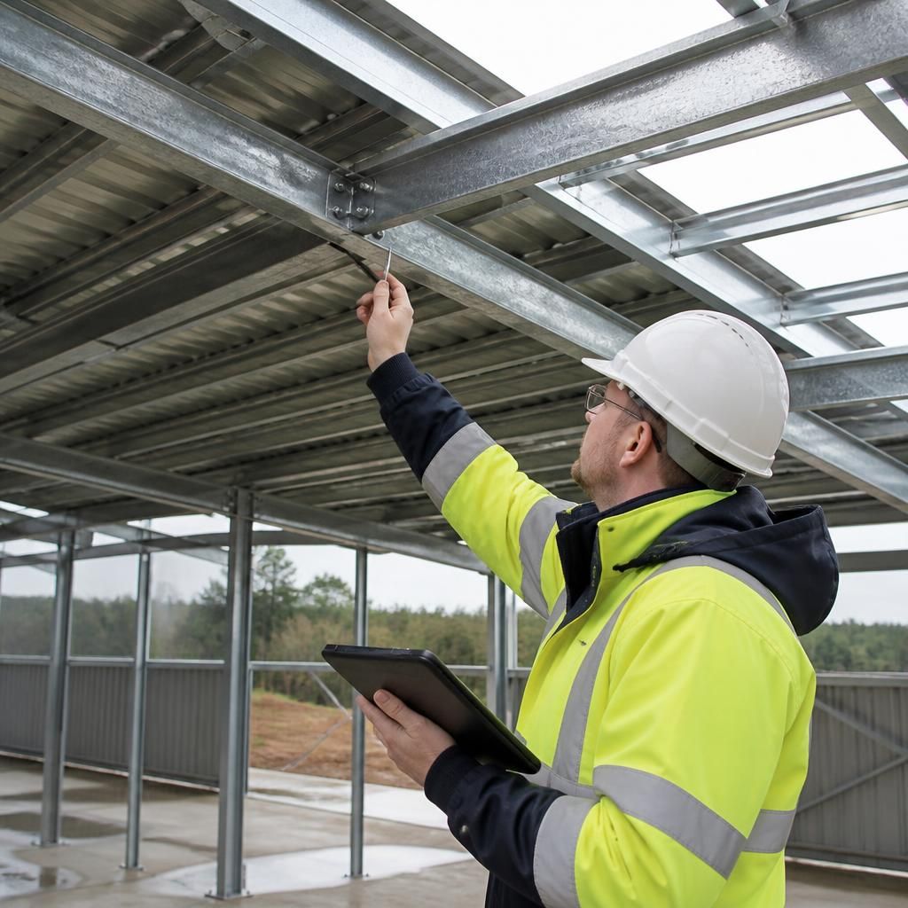 Galvanised steel roof frame showing zinc-coated structural members