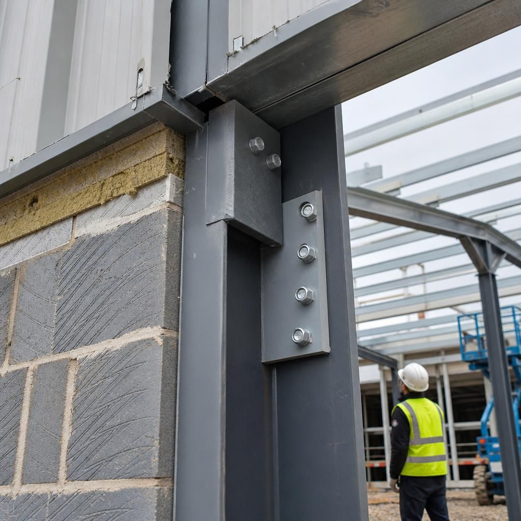 Steel roof beam bolted to a supporting column at an eaves connection