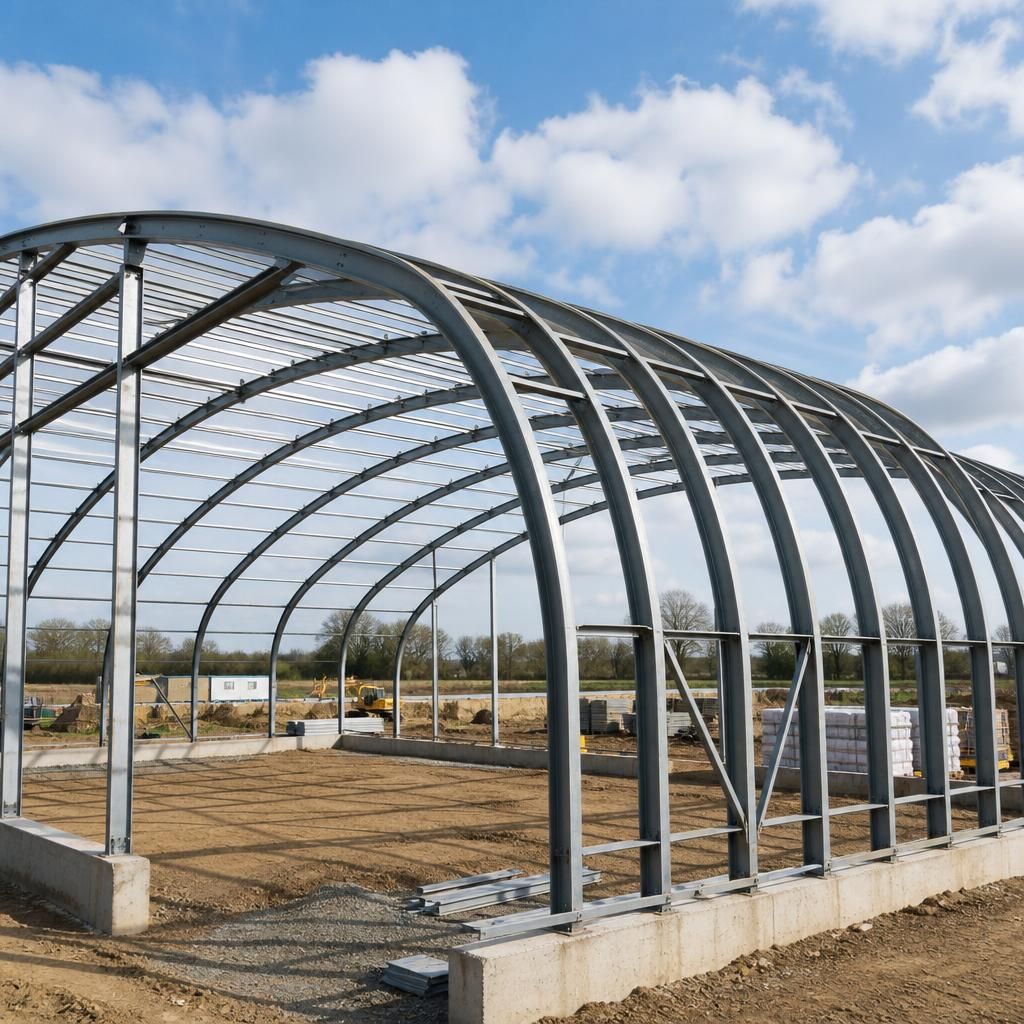 Curved steel roof frame with segmented members and supporting purlins