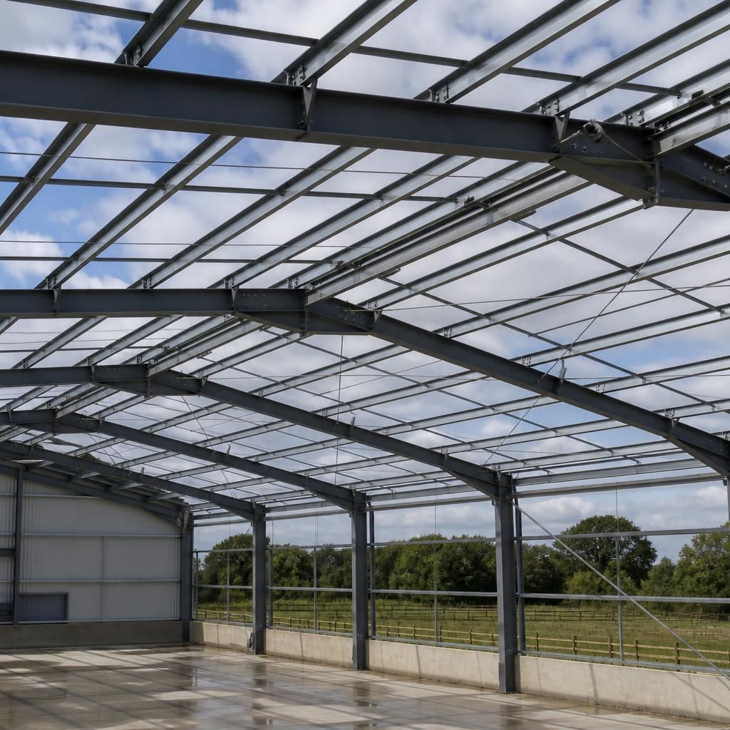 Hot rolled steel roof frame with purlins, bracing and roof supports