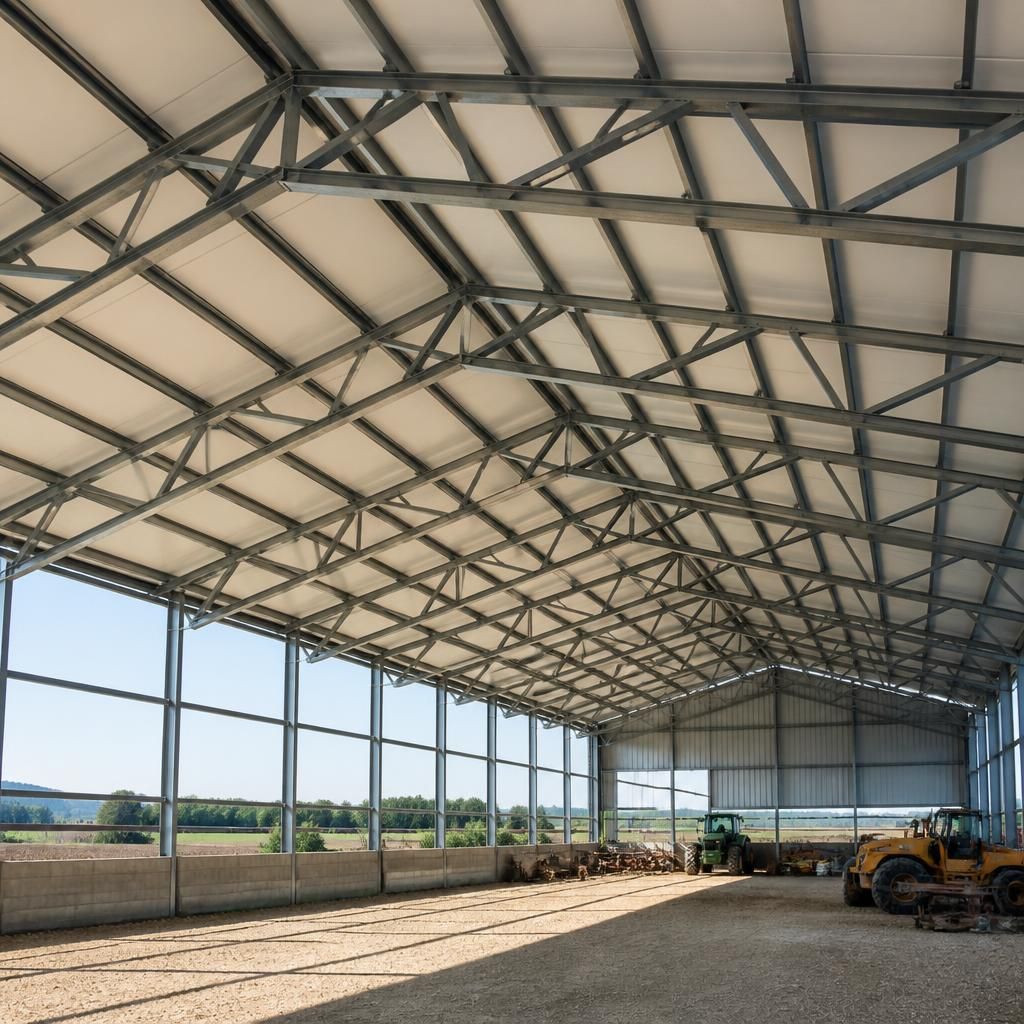 Steel roof truss spanning an open agricultural building