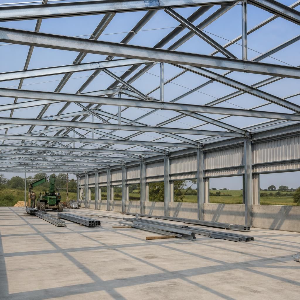 Steel roof trusses and purlins inside an agricultural building under construction