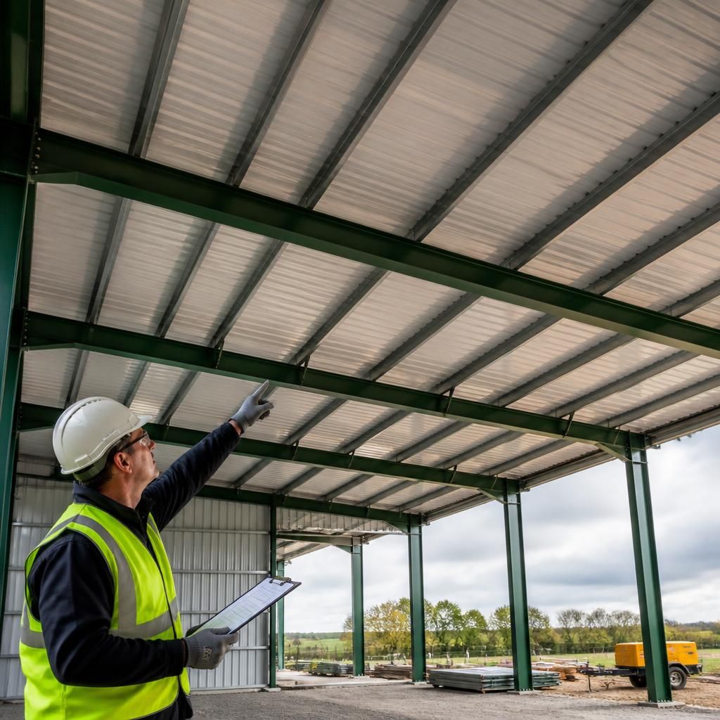 Steel roof panels fixed across purlins on a portal-framed agricultural building