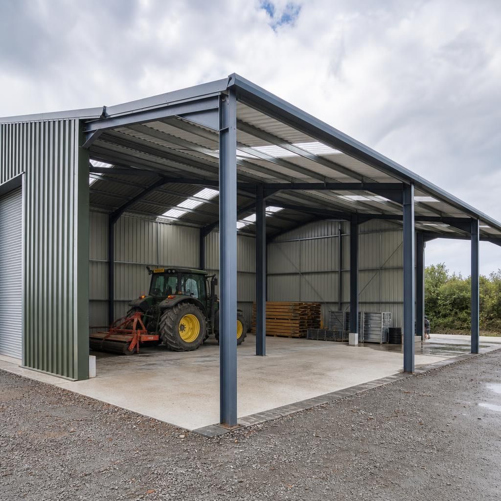 Metal roof garage with an attached open-sided canopy and steel columns