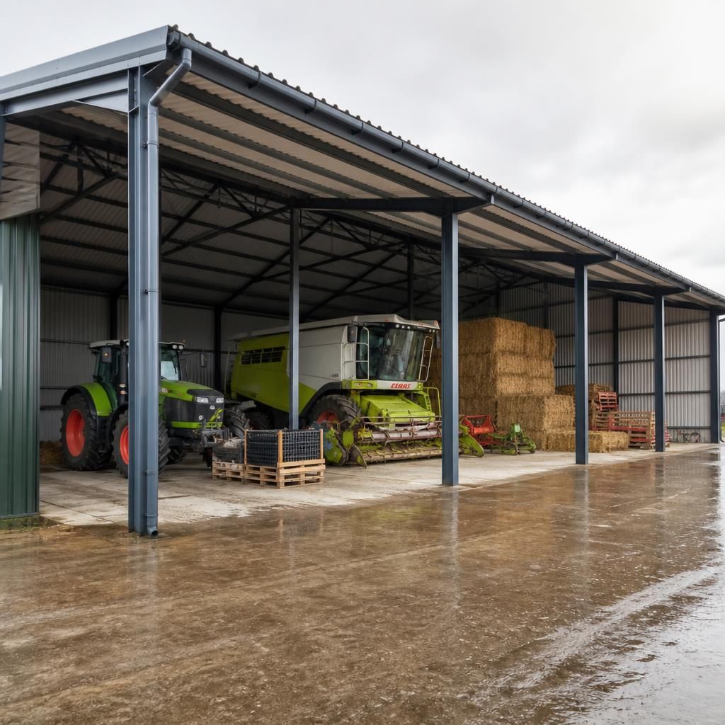 Steel canopy sheltering agricultural machinery beside a farm building