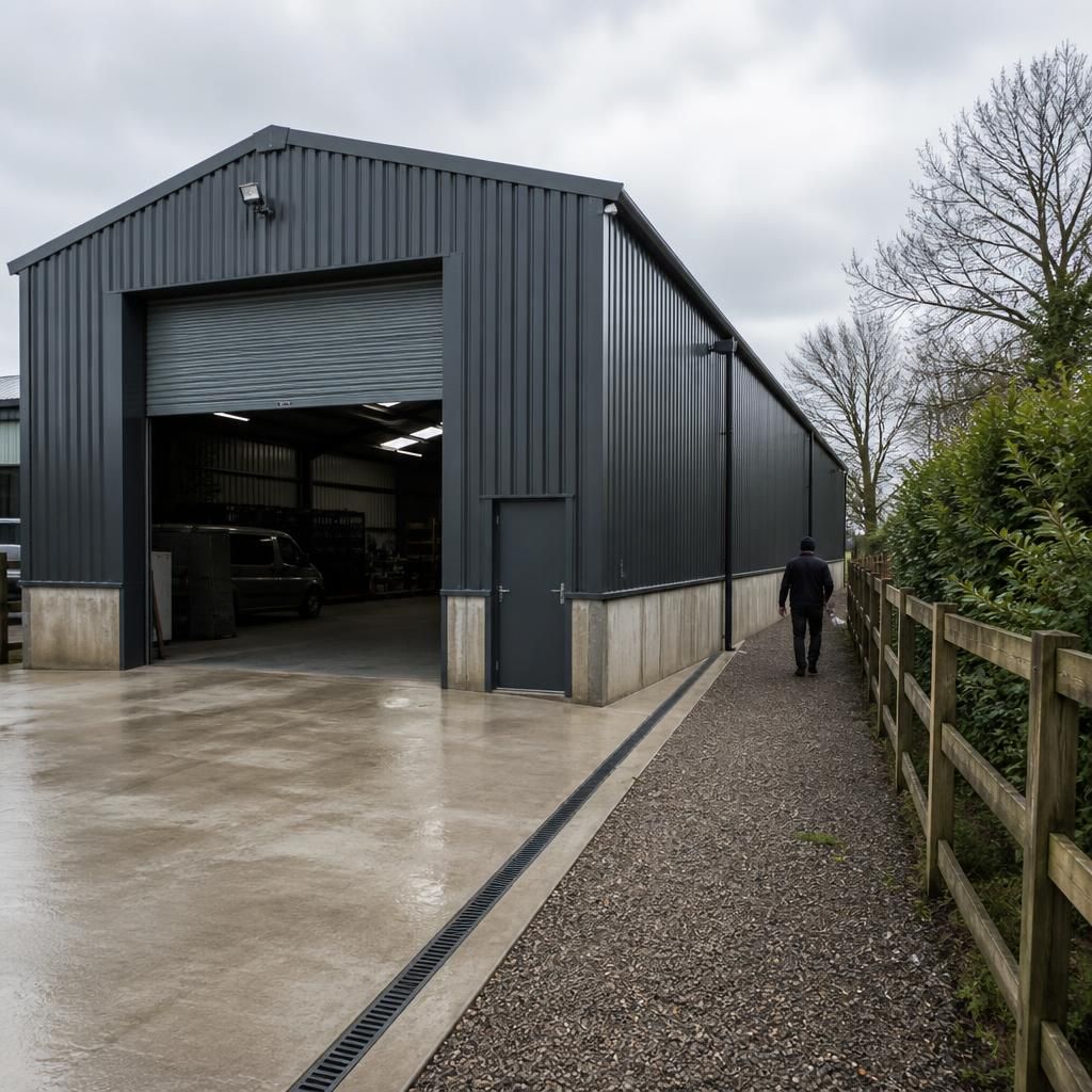 Steel garage beside a boundary with a drainage channel and vehicle access route