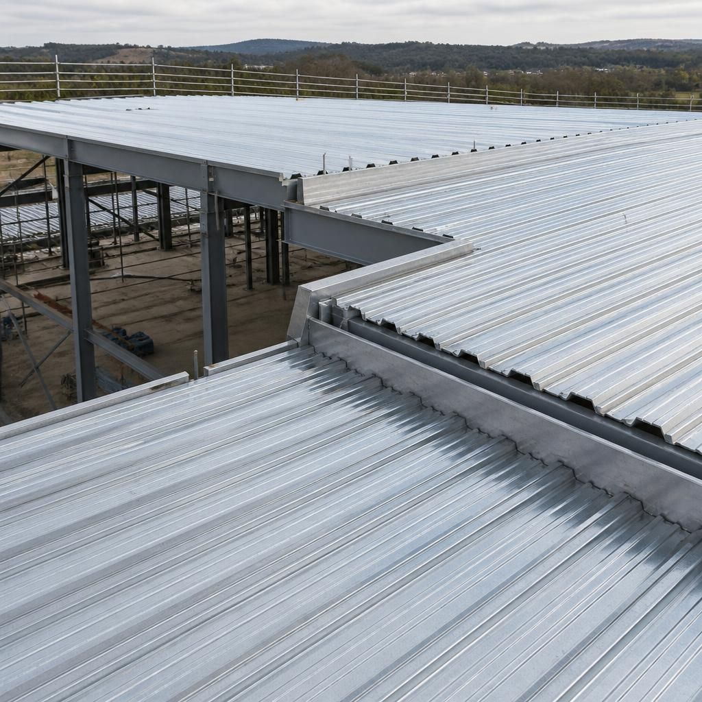 Steel roof decking fitted around a stepped roof section and structural supports