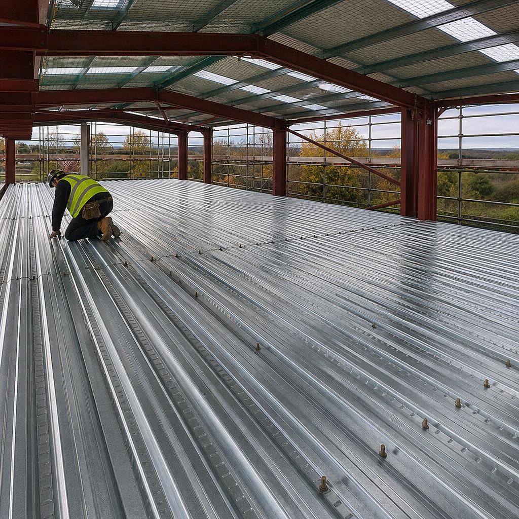 Steel roof decking installed over retained structural steelwork during a building refurbishment
