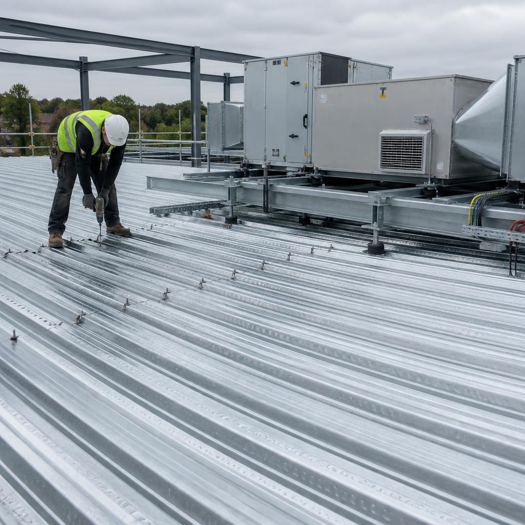 Steel roof decking fitted across structural beams beneath roof-mounted services