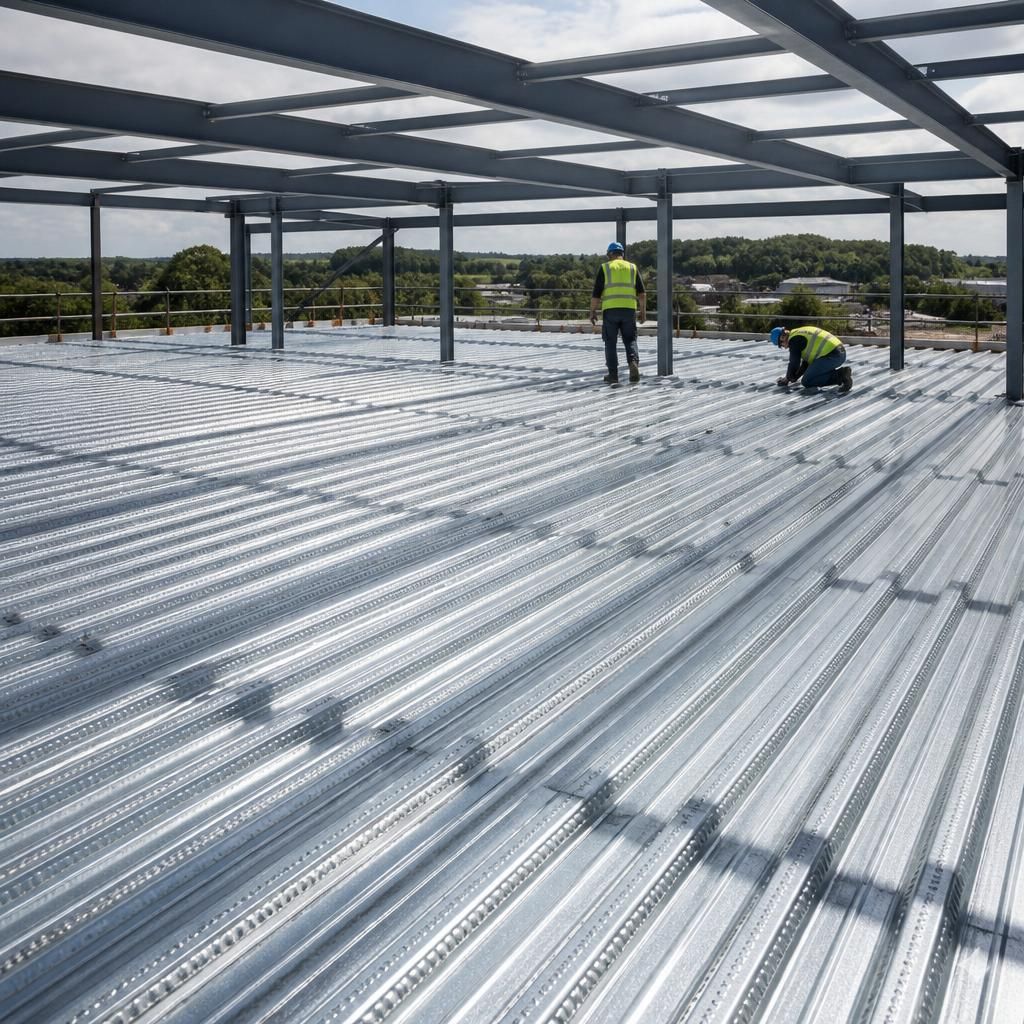 Profiled metal decking sheets fixed across steel roof supports