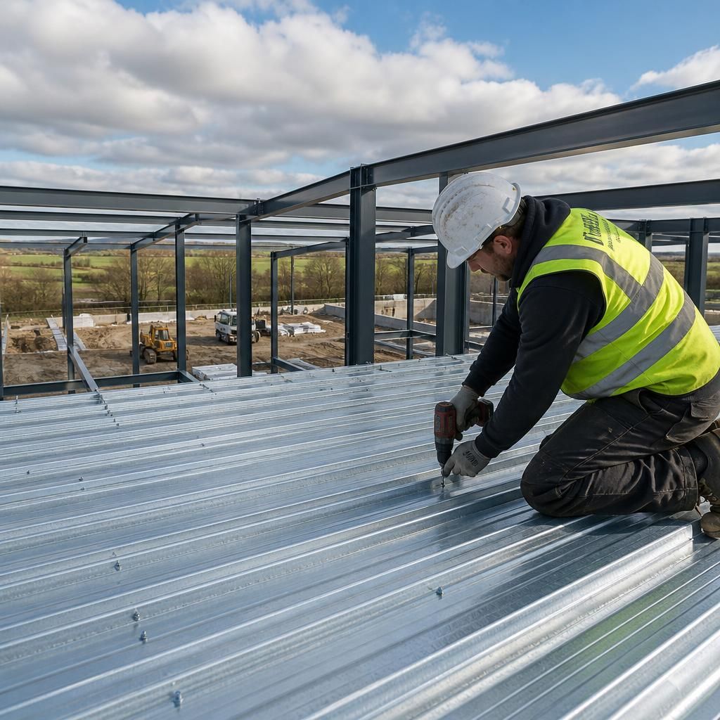 Steel roof deck panels fitted across purlins in an industrial building