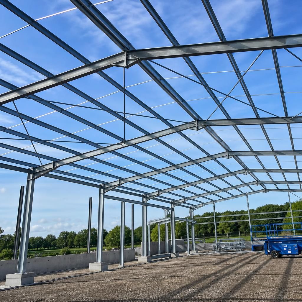 Steel roof frame with rafters, purlins and bracing assembled on site