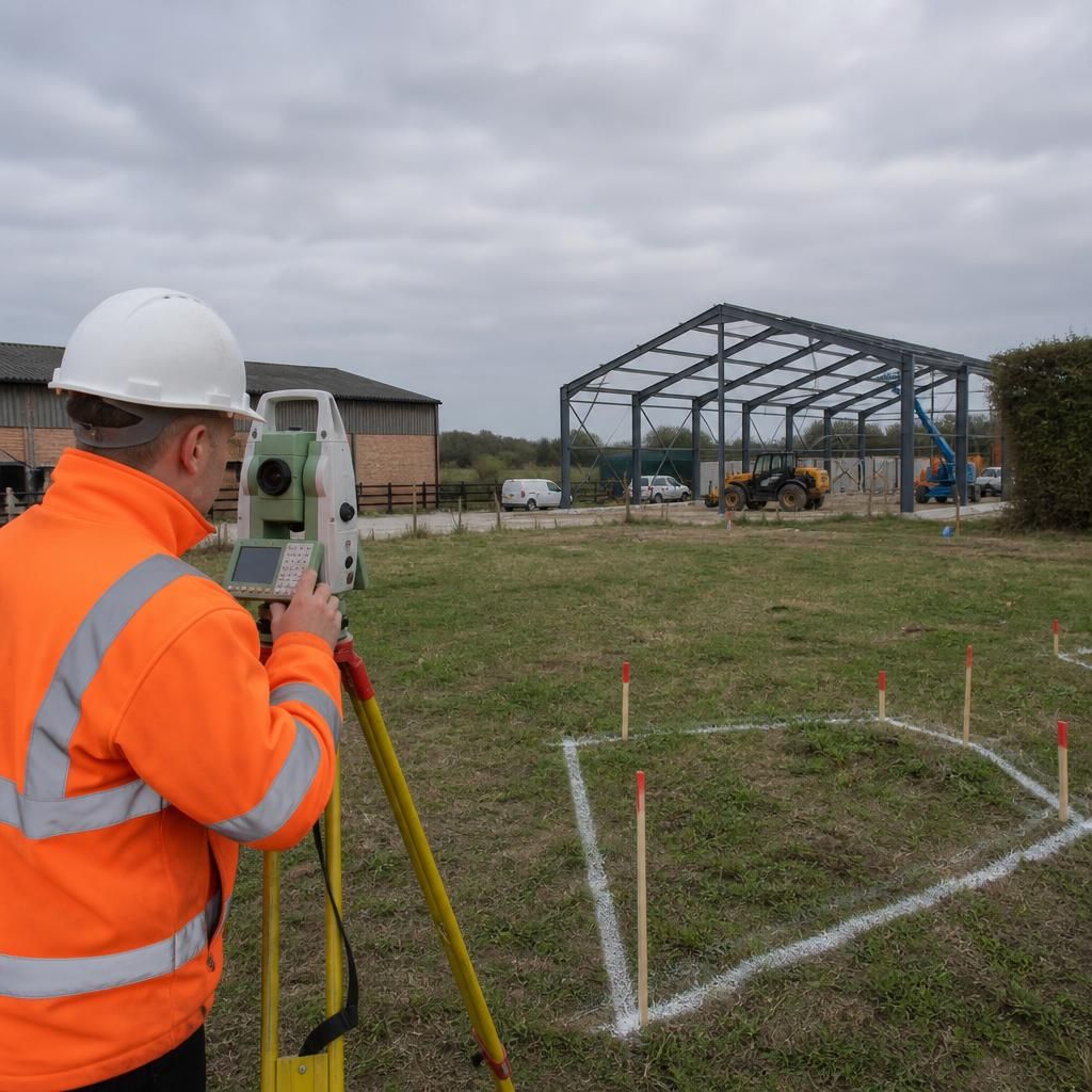 Measured site survey showing a proposed roof structure, boundaries and surrounding buildings