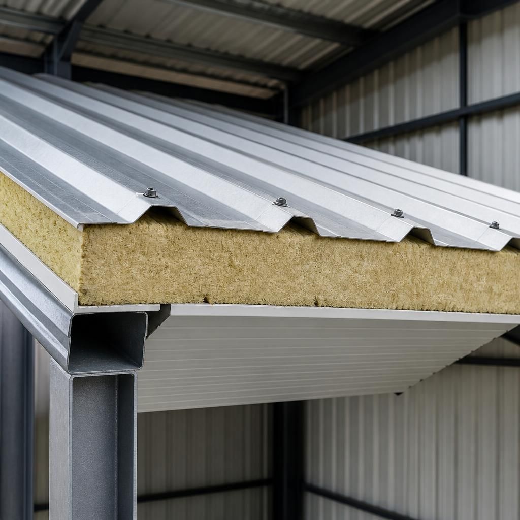 Cross-section of an insulated galvanised roof showing the outer sheet, insulation and internal liner