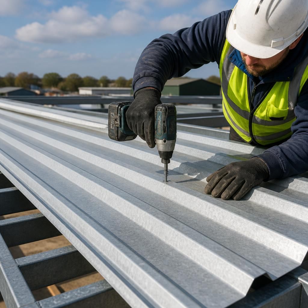 Galvanised roofing sheet secured to a steel purlin with a sealing washer