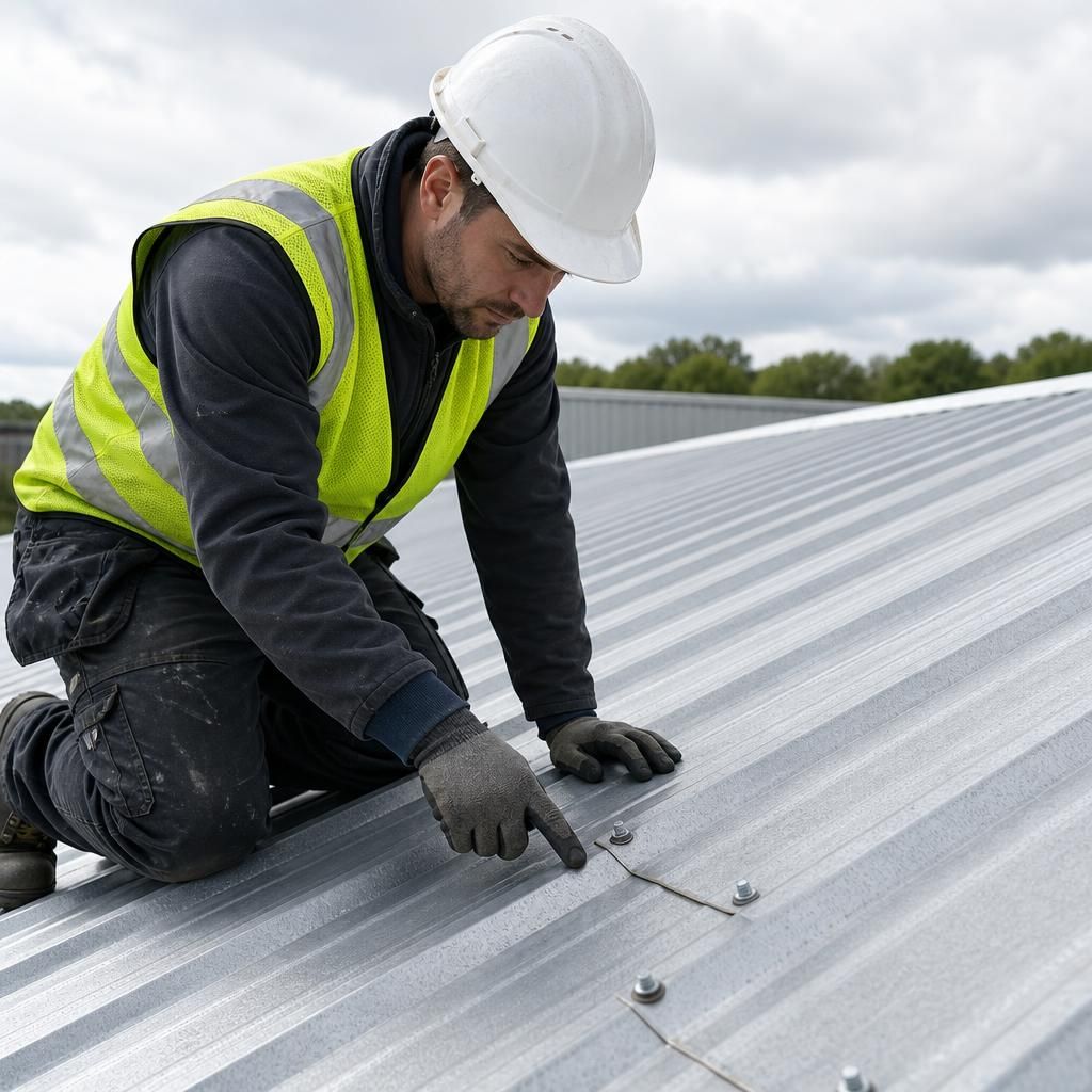 Technician inspecting fixings and sealant around a galvanised roof sheet overlap