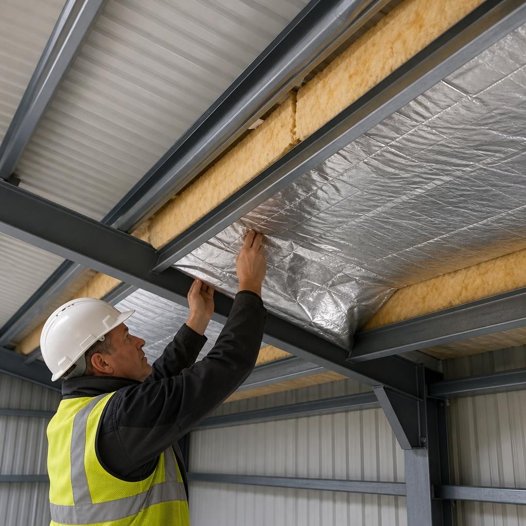 Metal roof underside showing insulation and a vapour control layer at a roof junction
