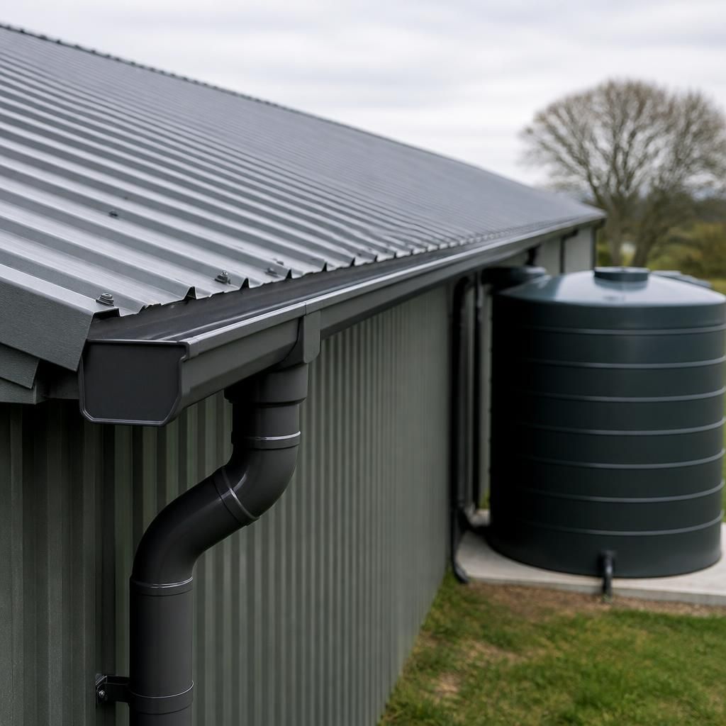 Metal roofing sheets leading into an eaves gutter with a connected downpipe
