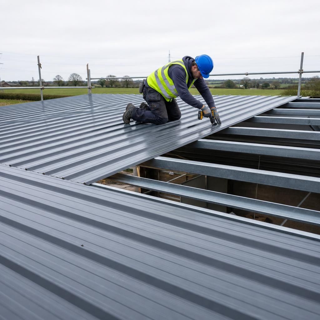 Profiled metal roofing sheets fitted over steel roof purlins