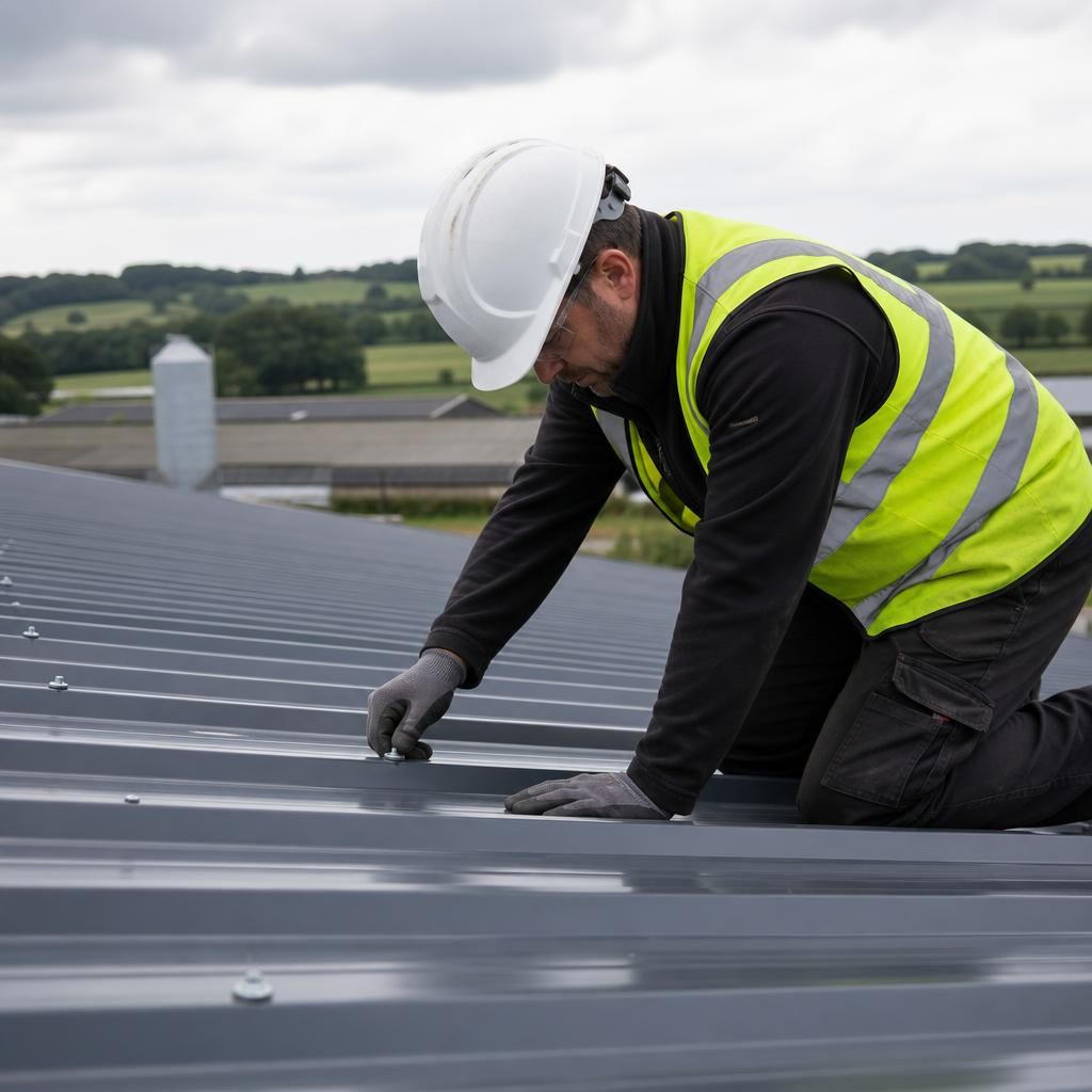 Worker inspecting fixings on a profiled metal roof