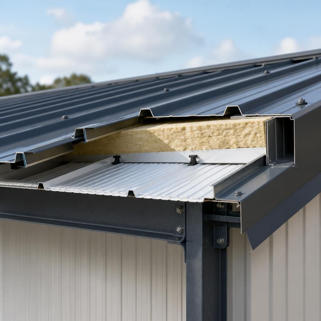 Cutaway view of a profiled metal roof showing external sheet, insulation, liner and purlins