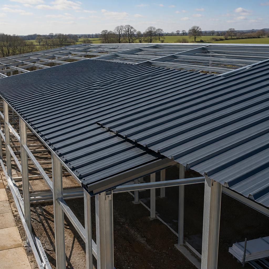 Corrugated and box-profile steel roofing sheets on a framed building