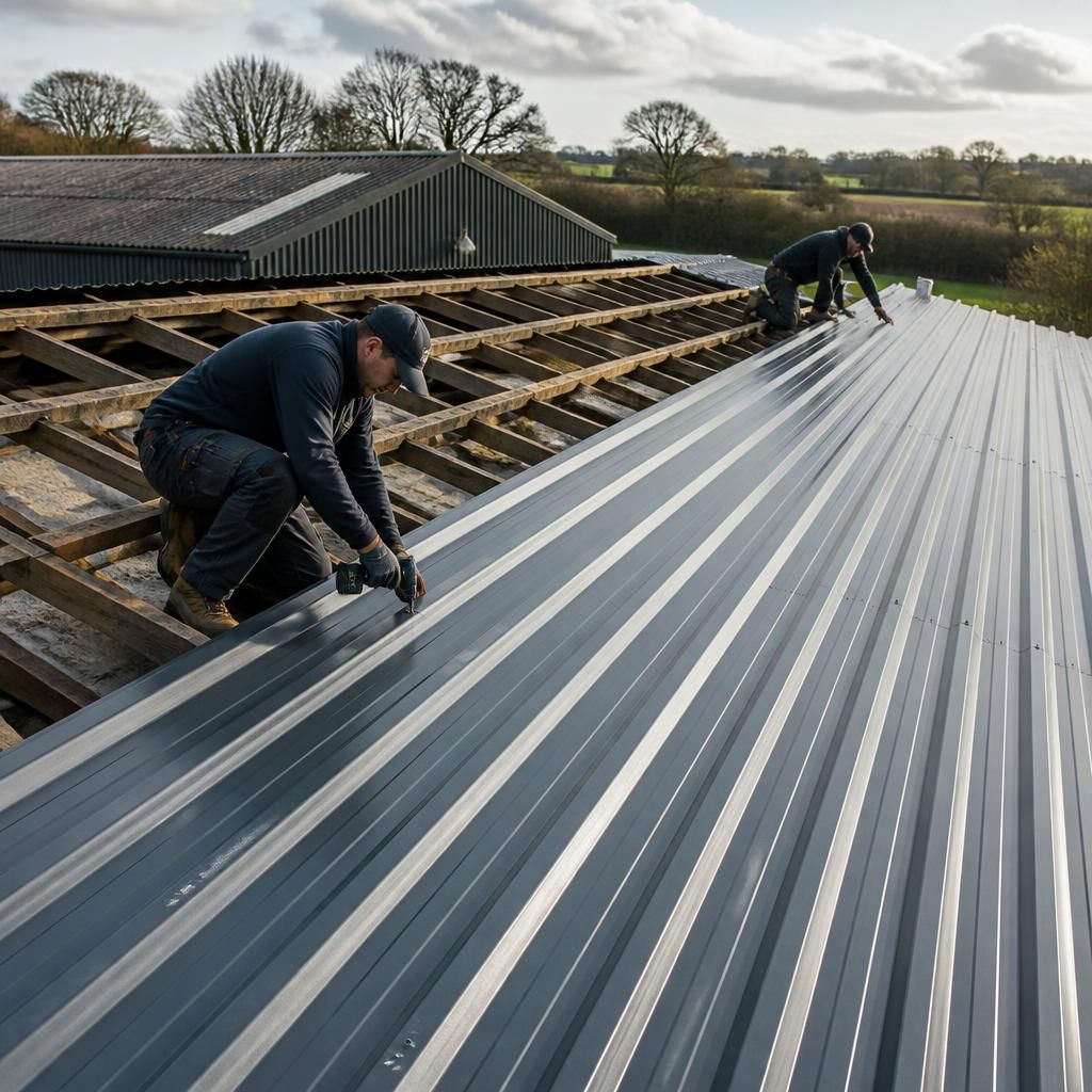Profiled steel sheets being fitted to a shed roof