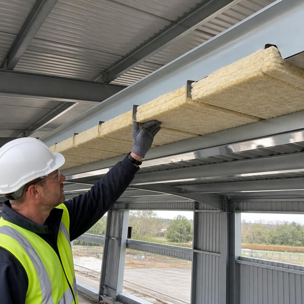 Cross-section of an insulated steel roof showing outer sheet, insulation and internal liner