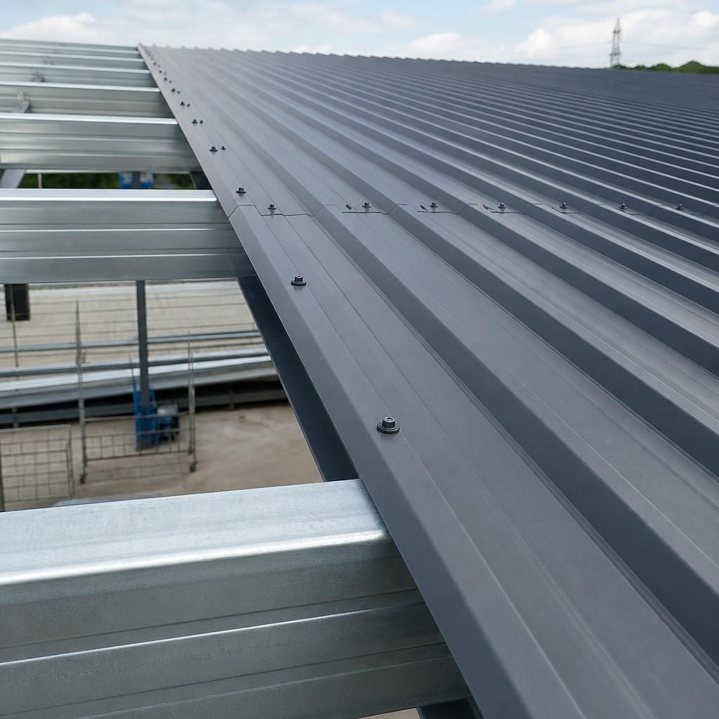 Roofing sheets overlapped and secured with screws to steel purlins