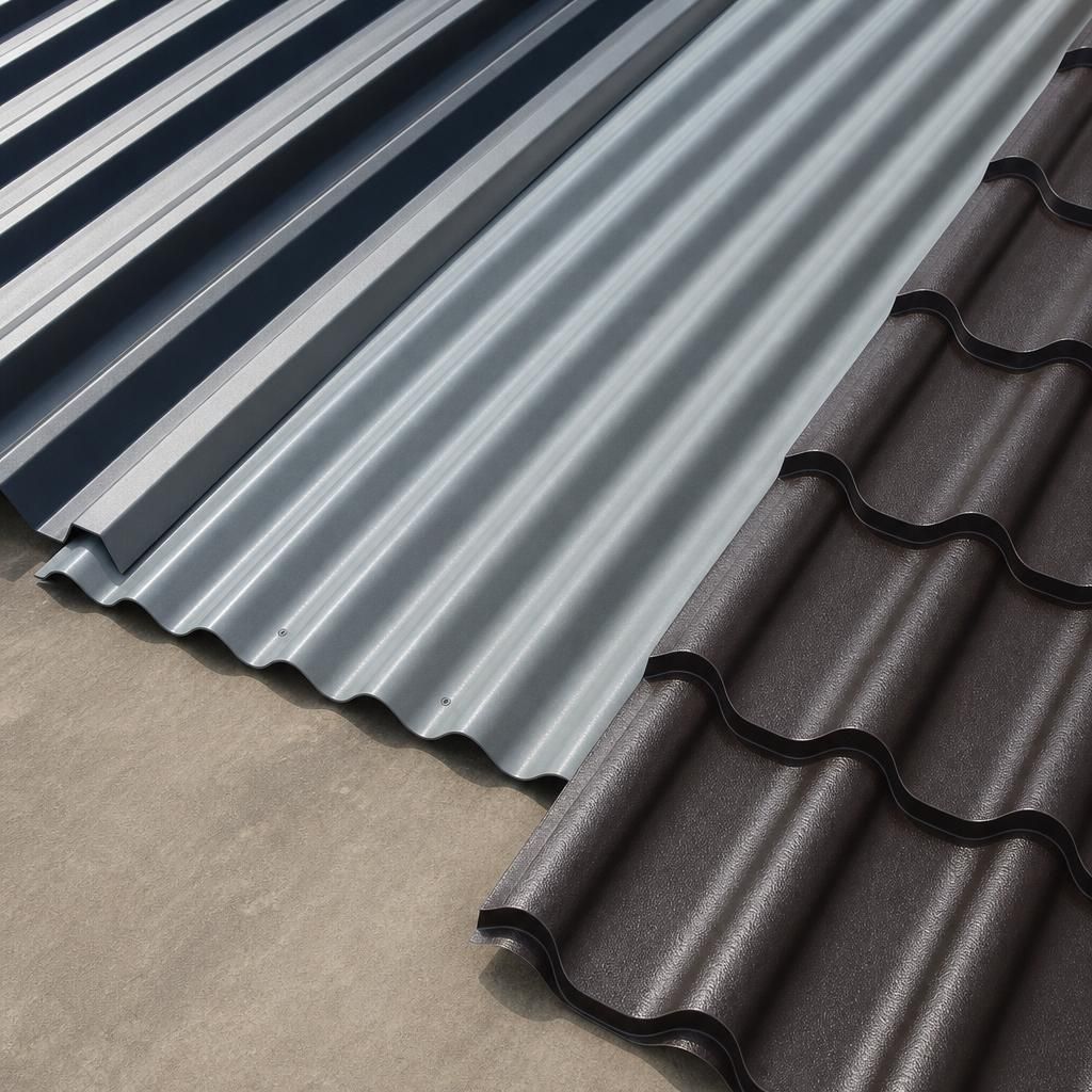 Trapezoidal, corrugated and tile-effect steel roofing sheets displayed side by side