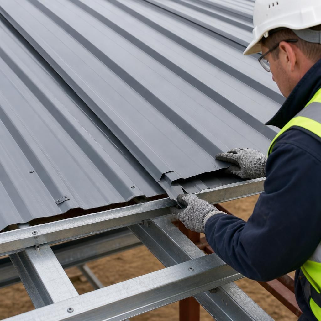 Metal roofing sheets overlapping at an end joint above steel purlins