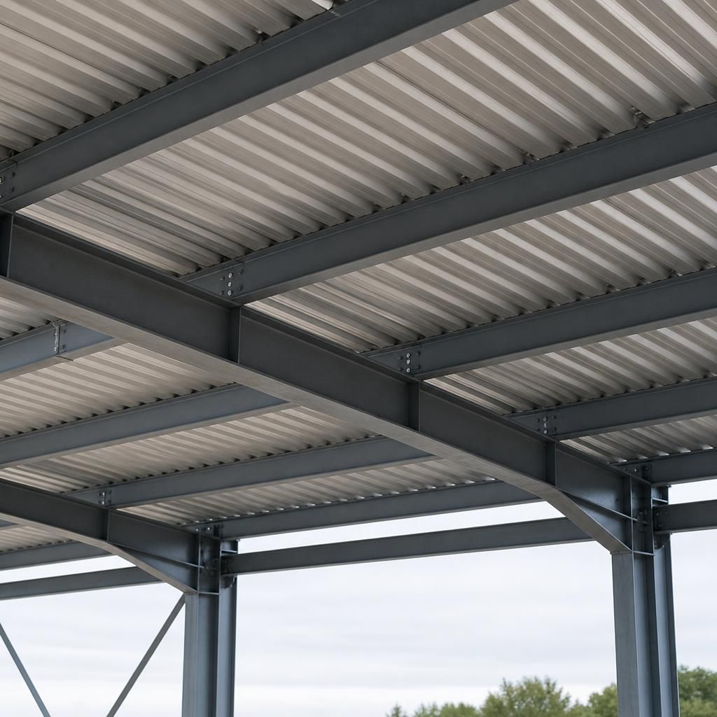 Metal roofing sheets supported by evenly spaced steel purlins beneath the roof