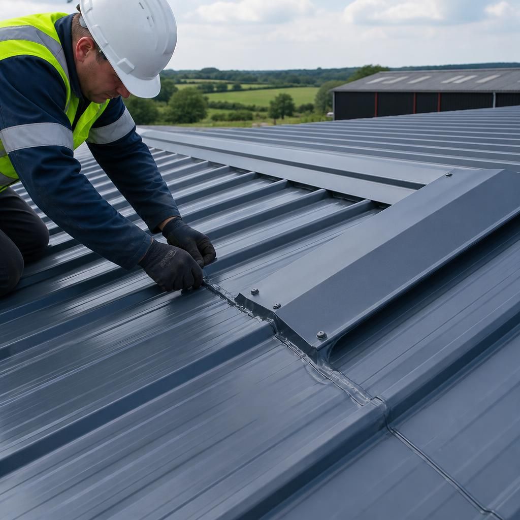 Close-up of coated metal roof sheets meeting at a flashing detail