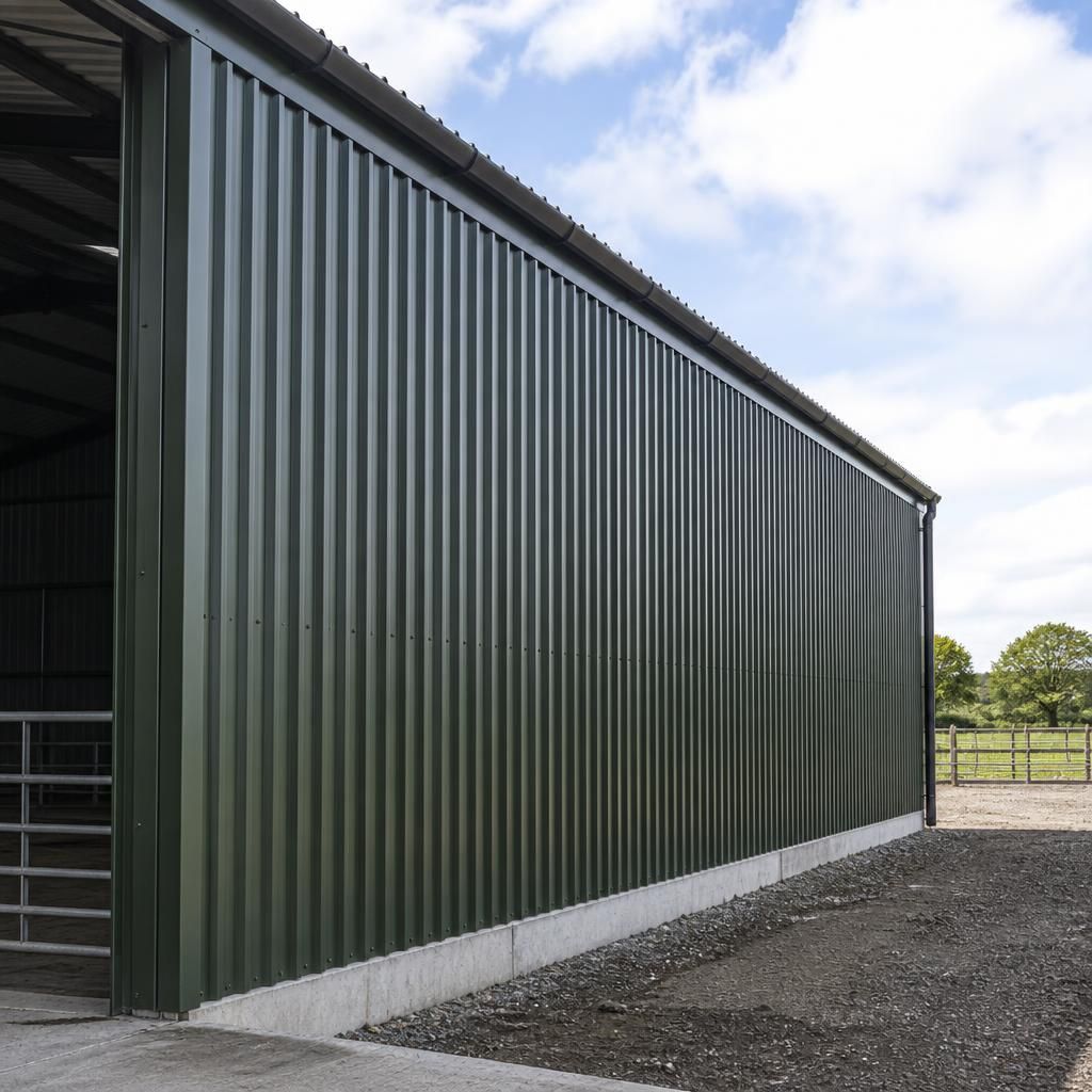 Vertical corrugated metal wall panels on a steel-framed agricultural building