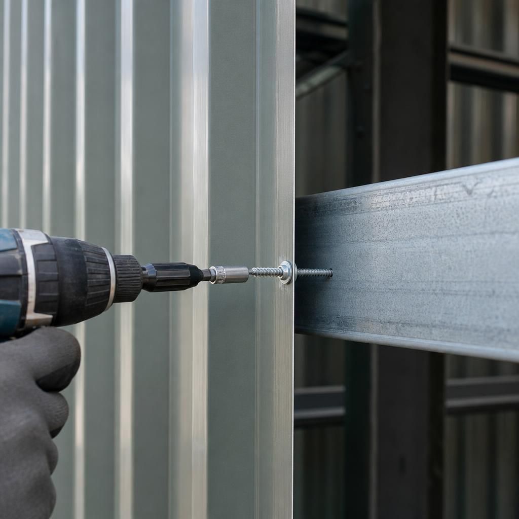 Self-drilling screw fixing a corrugated metal wall panel to a horizontal steel rail