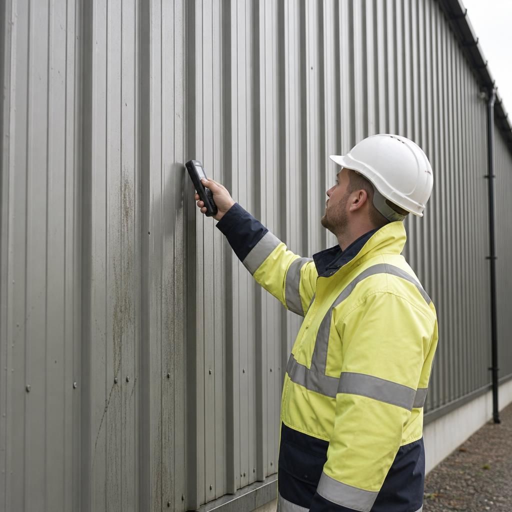 Worker inspecting corrugated metal wall panels with a handheld tool