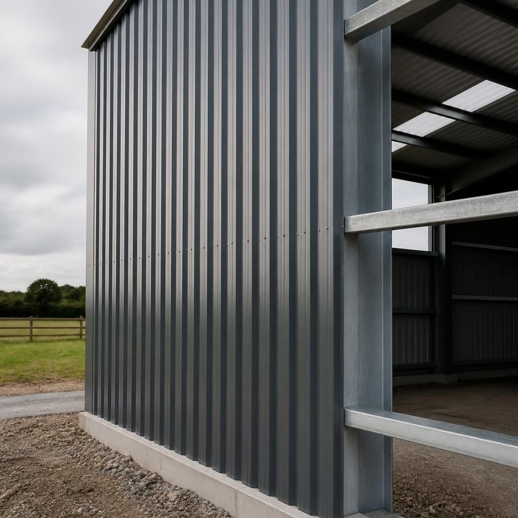 Corrugated steel wall panel fixed to horizontal rails on a steel frame