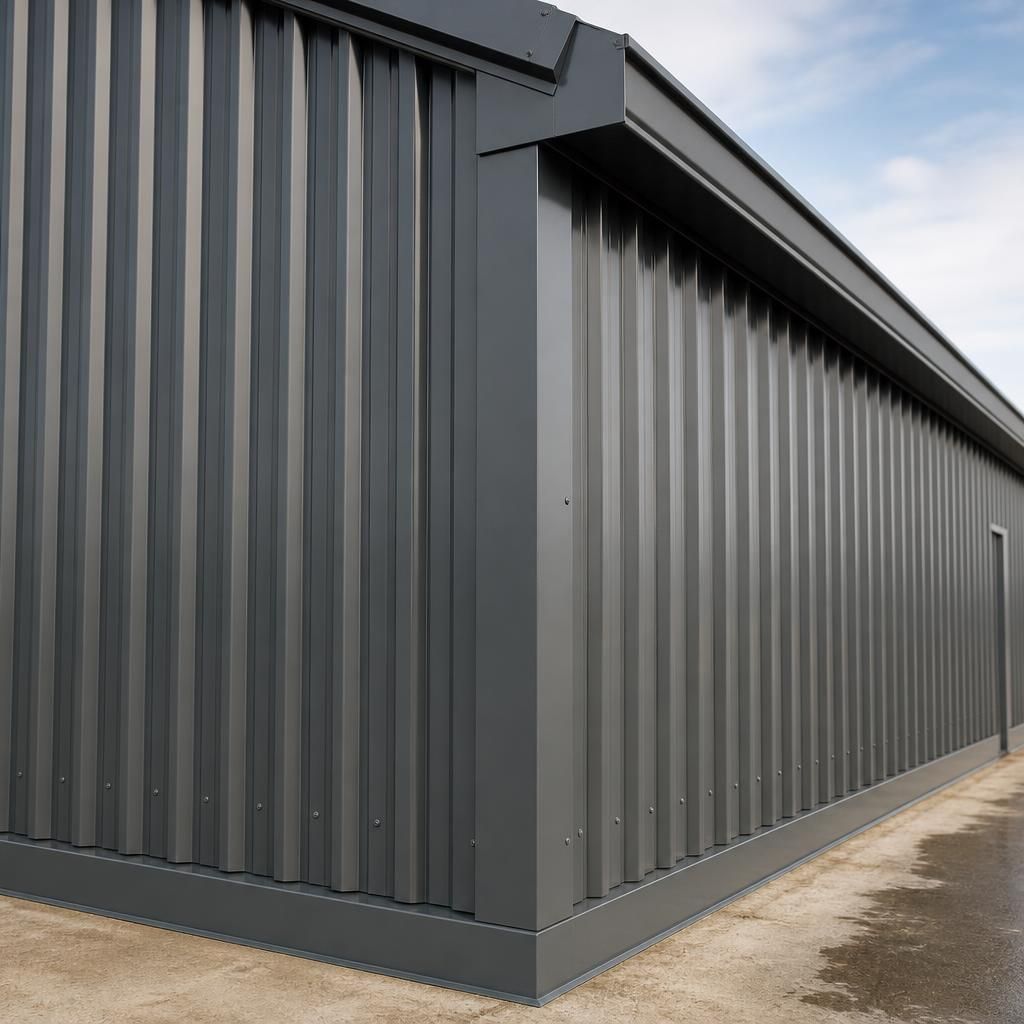 Corrugated metal wall cladding with corner, eaves and base trims