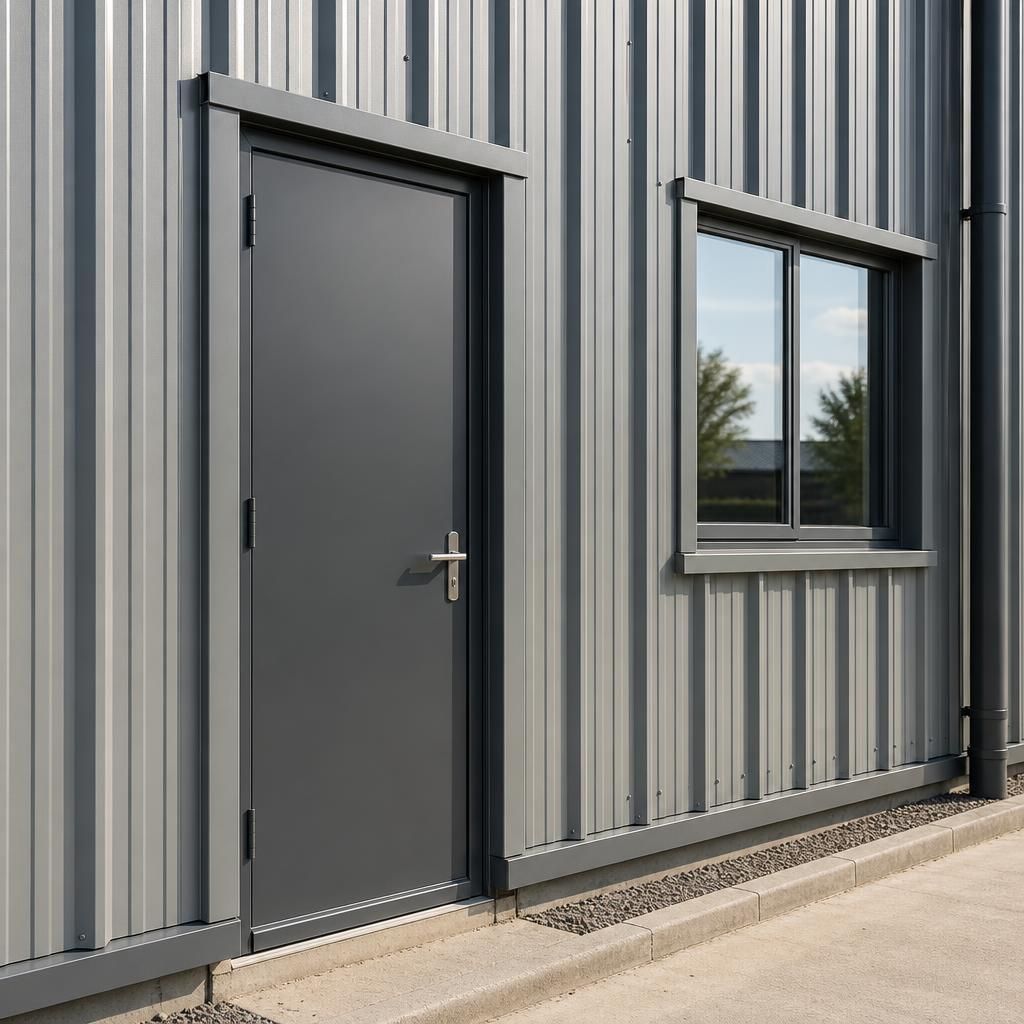 Steel wall cladding around a personnel door with head, jamb and threshold trims
