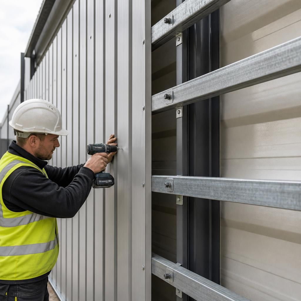Metal wall cladding panels secured to secondary steel rails with sealed fasteners