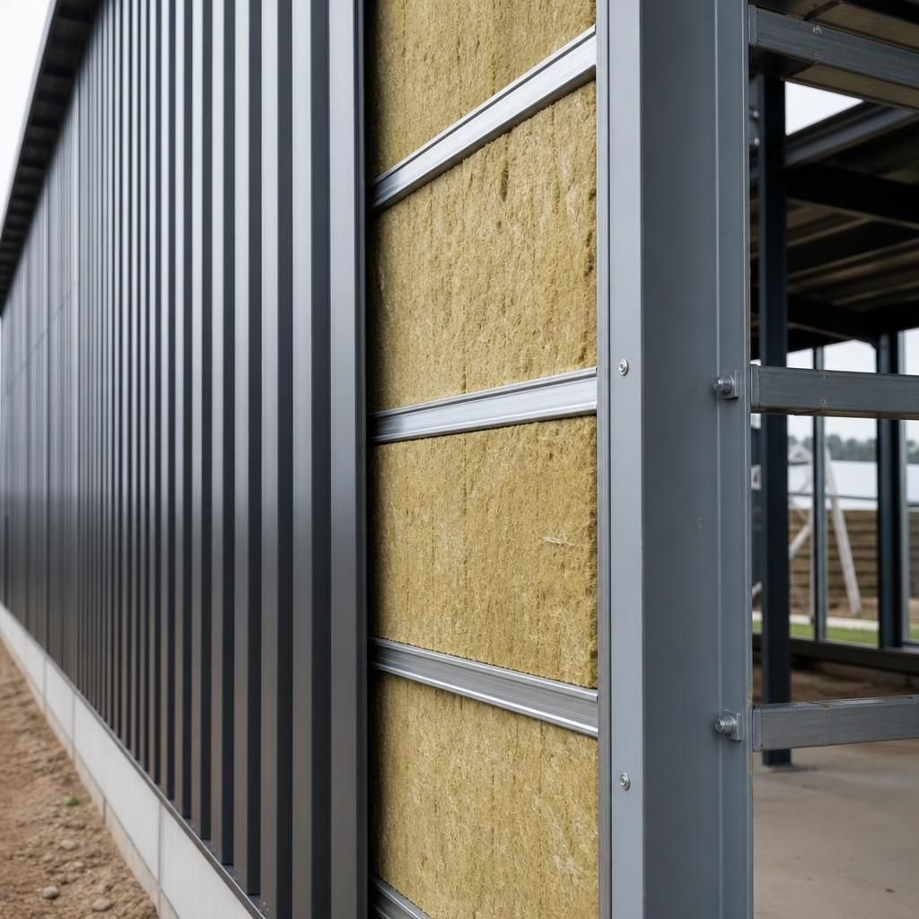 Mineral wool insulation fitted between steel wall rails behind metal cladding