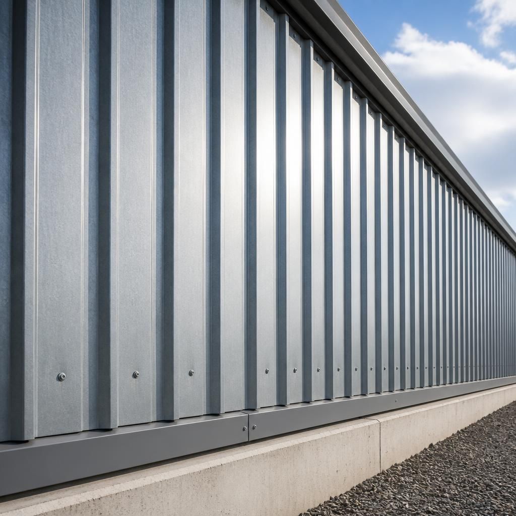 Galvanised steel wall cladding panels with coated laps, trims and fixings